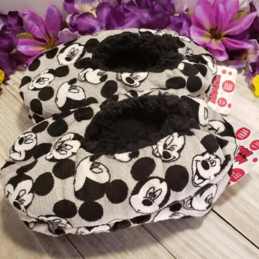 Mickey Mouse Disney Slippers Shoe Fuzzy Plush Kid Babba Foot Wear Grey Black
